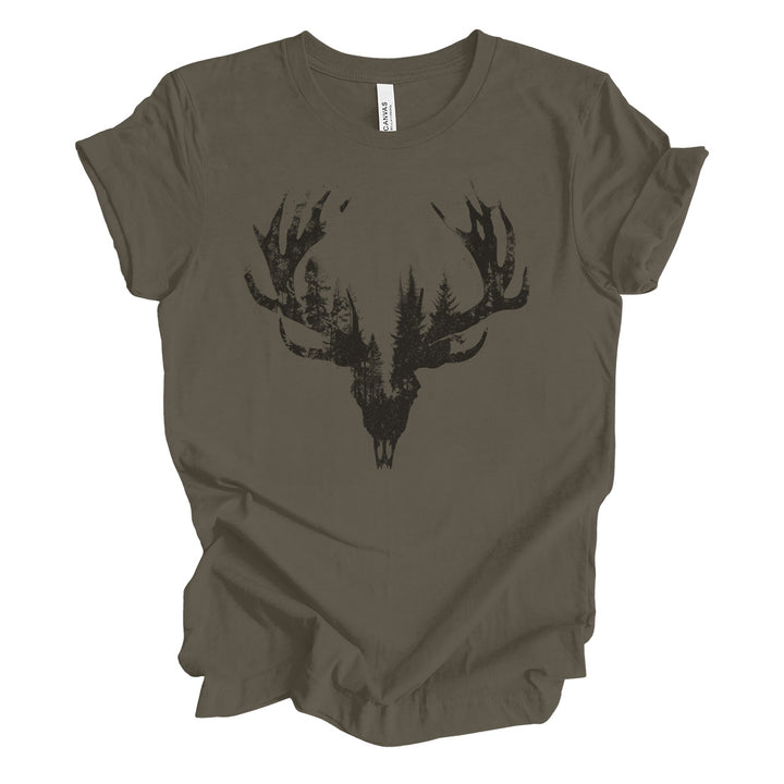 a t - shirt with a deer's head and trees on it