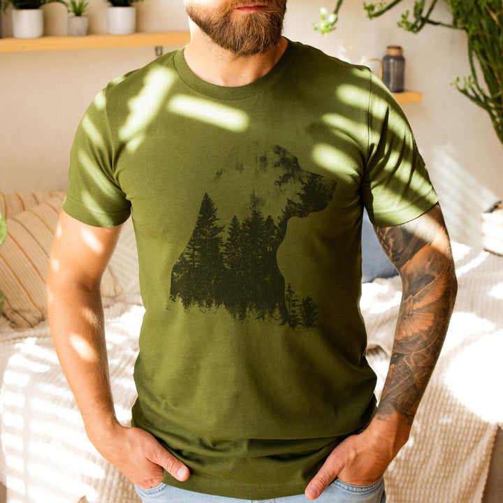 a man with a beard wearing a green shirt