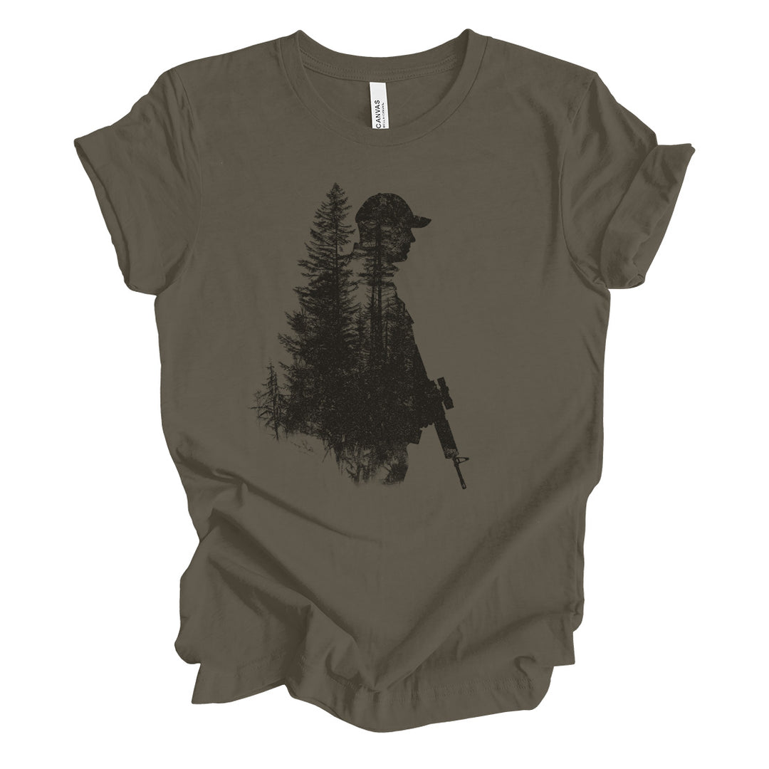 a t - shirt with a silhouette of a man holding a rifle