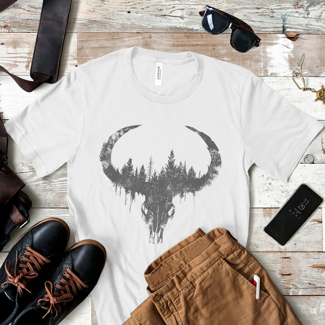 a white t - shirt with a deer skull on it