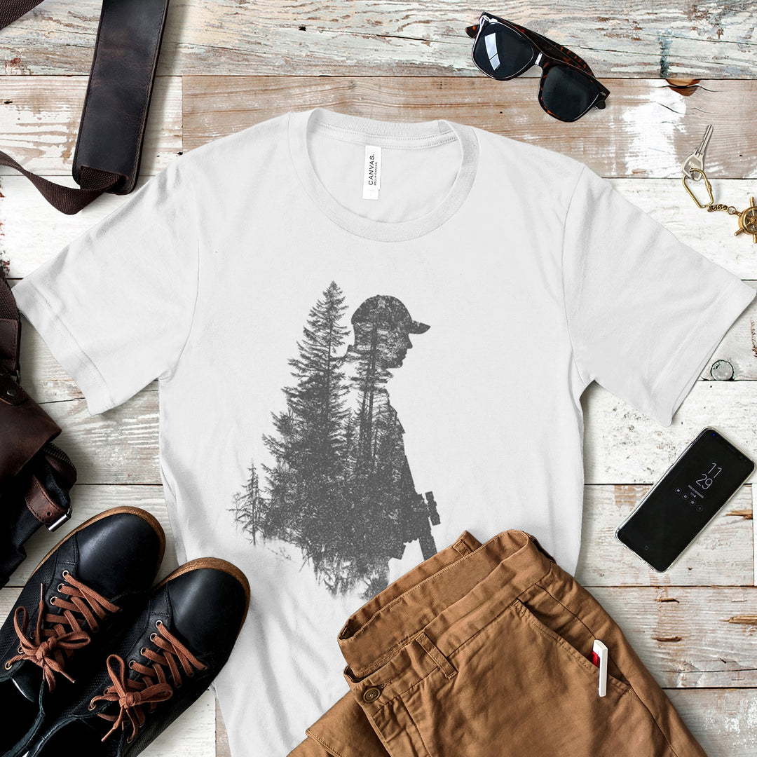a t - shirt with a picture of a man in the woods