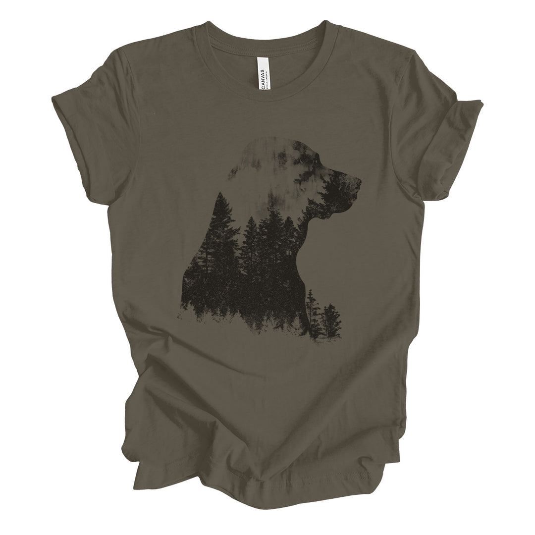 a t - shirt with a picture of a dog in the woods