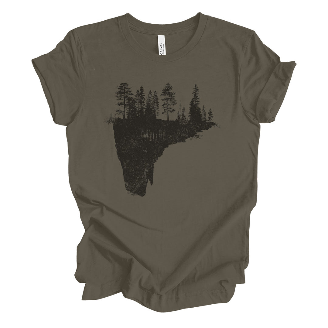 a t - shirt with a lake and trees on it